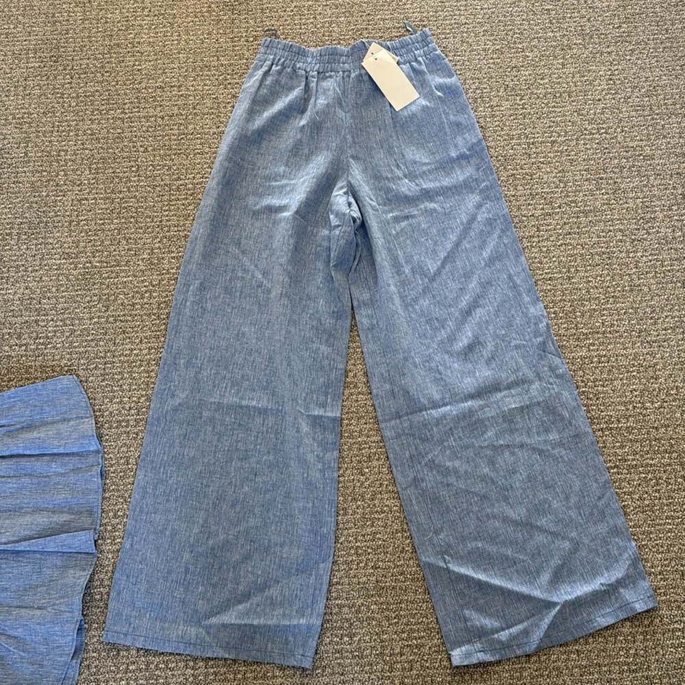 New Zara Blue Linen Top Jacket Wide Leg Pants Set S - Picture 6 of 10
